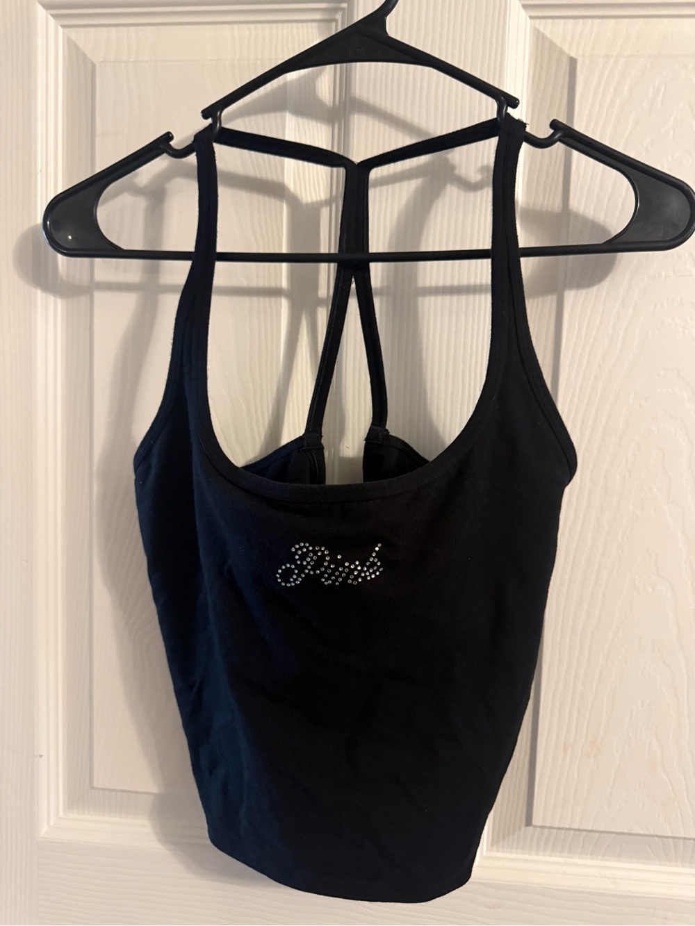 Victoria’s Secret PINK Black Rhinestone Logo Built-In Bra Tank Top Size L